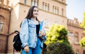 Student girl outside in summer park smiling happy. Asian female college or university student. Mixed race Asian woman model wearing school bag.